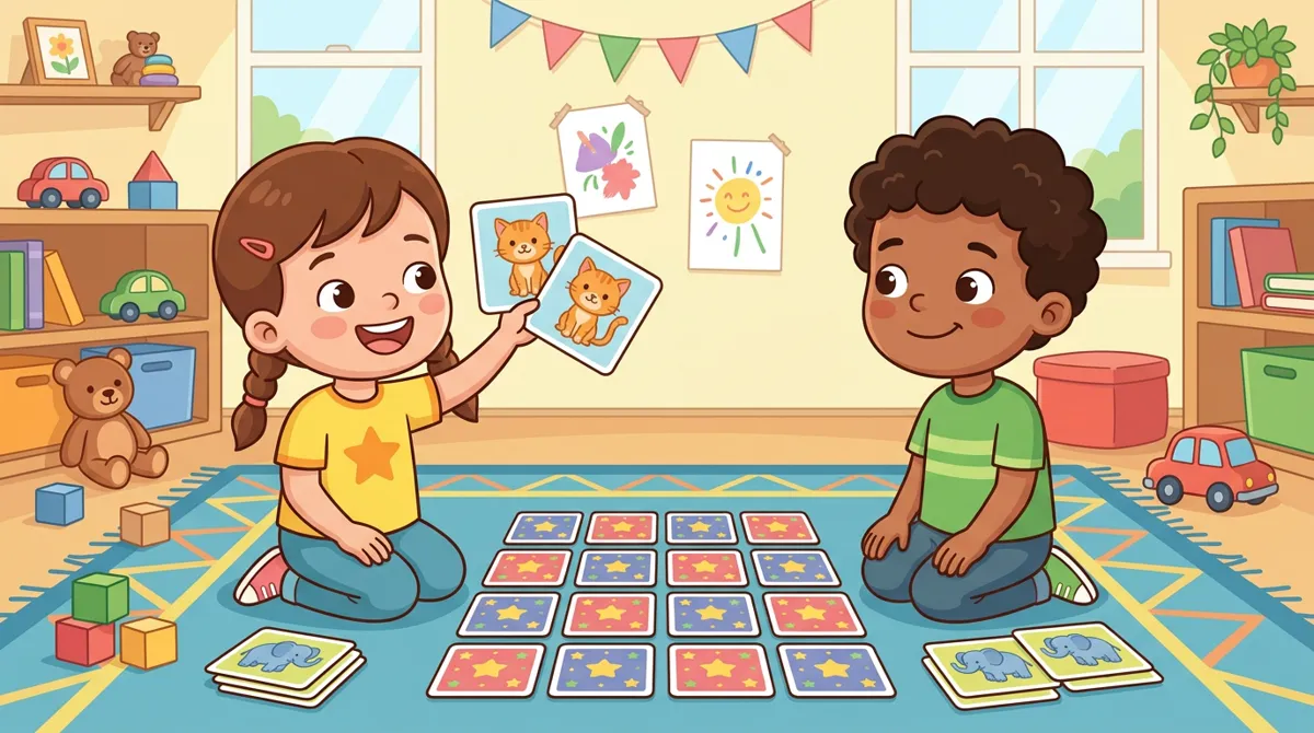 Duas crianças sentadas no tapete jogando o jogo da memória com cartas de bichinhos viradas em fileiras, uma delas mostrando um par encontrado