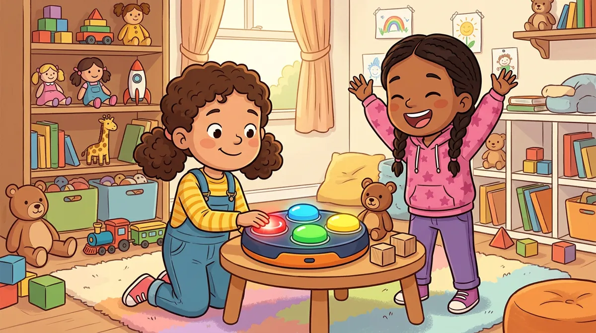Menina em uma sala de brinquedos jogando um jogo eletrônico de memória com quatro botões coloridos iluminados, e uma amiga comemorando ao lado