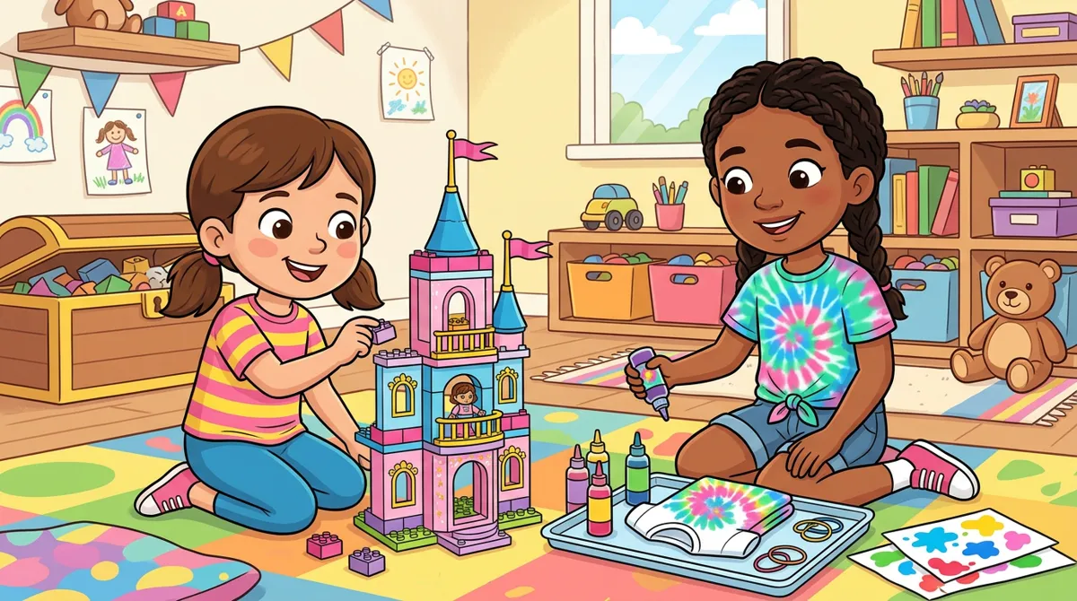 Duas meninas de idades diferentes brincando com uma torre de princesa de blocos e materiais de tie dye Duas meninas de idades diferentes brincando com uma torre de princesa de blocos e materiais de tie dye