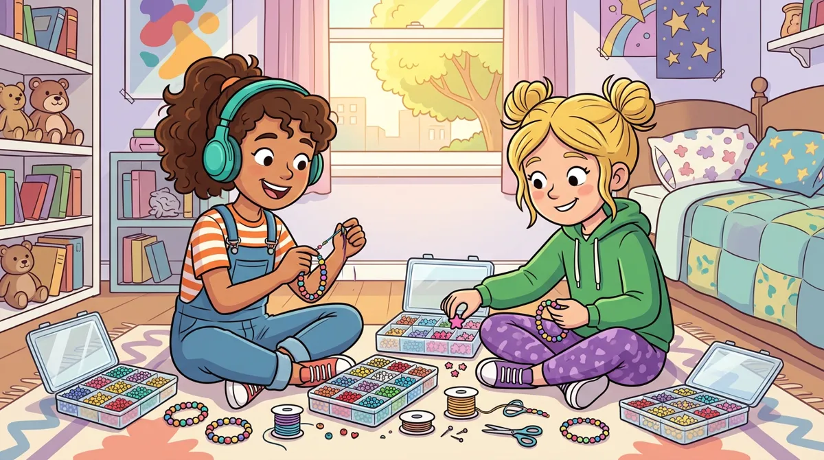 Duas adolescentes fazendo pulseiras de miçangas no chão do quarto, com caixas de contas coloridas Duas adolescentes fazendo pulseiras de miçangas no chão do quarto, com caixas de contas coloridas