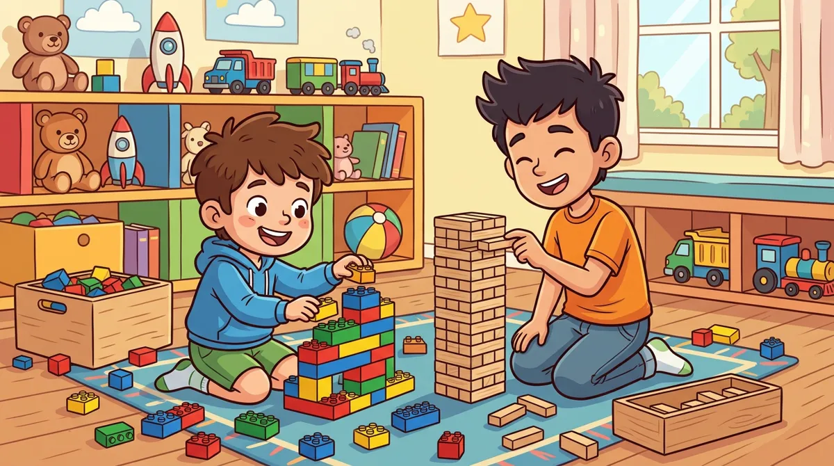 Dois meninos de idades diferentes brincando com blocos de montar e uma torre de madeira em uma sala de brinquedos