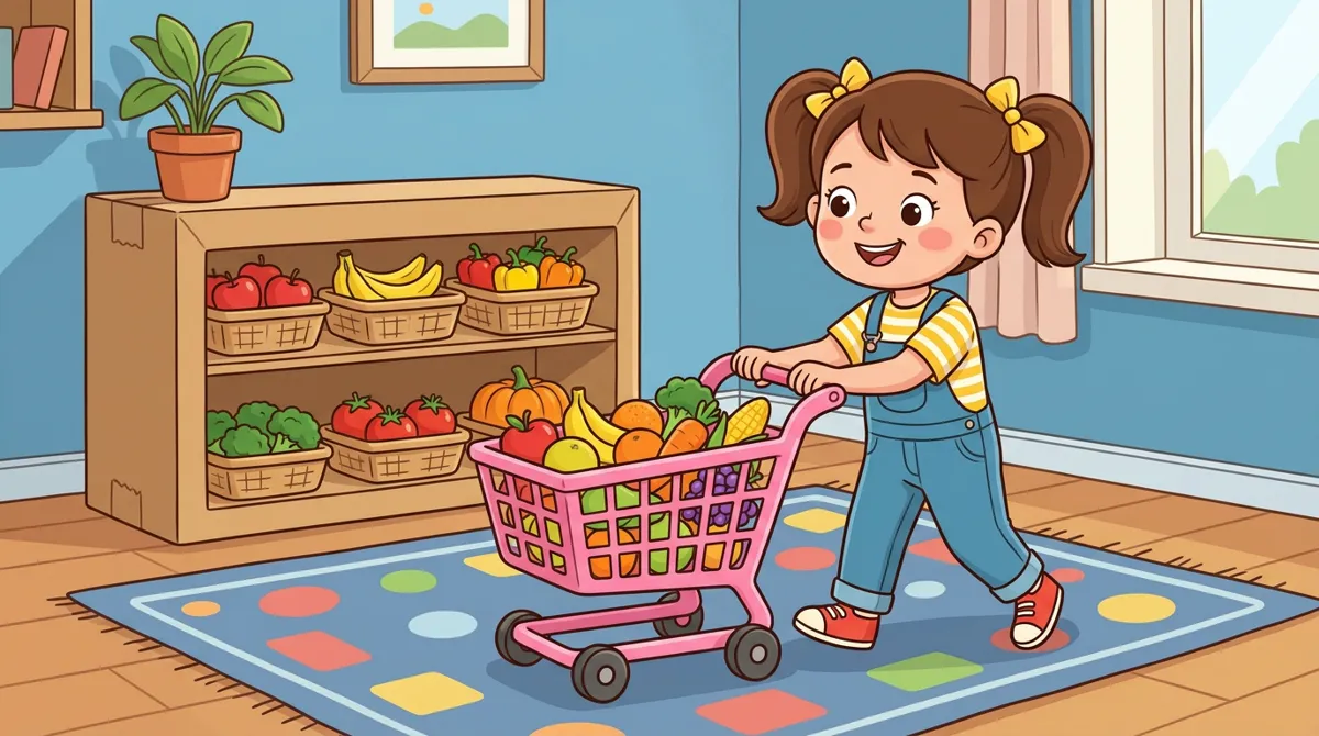Menina sorridente empurrando um carrinho de supermercado rosa cheio de frutas e legumes de brinquedo pela sala, com uma estante de papelão com produtos atrás
