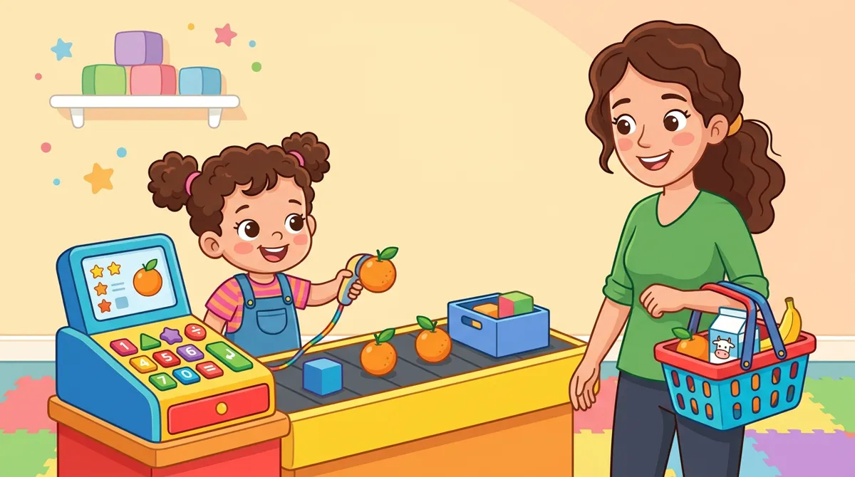Menina pequena em uma caixa registradora de brinquedo com esteira, passando laranjas de brinquedo, com a mãe sorrindo e segurando uma cestinha
