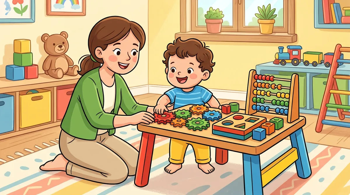 Criança pequena em pé em uma mesa de atividades com engrenagens, formas e ábaco, com a mãe ajoelhada ao lado