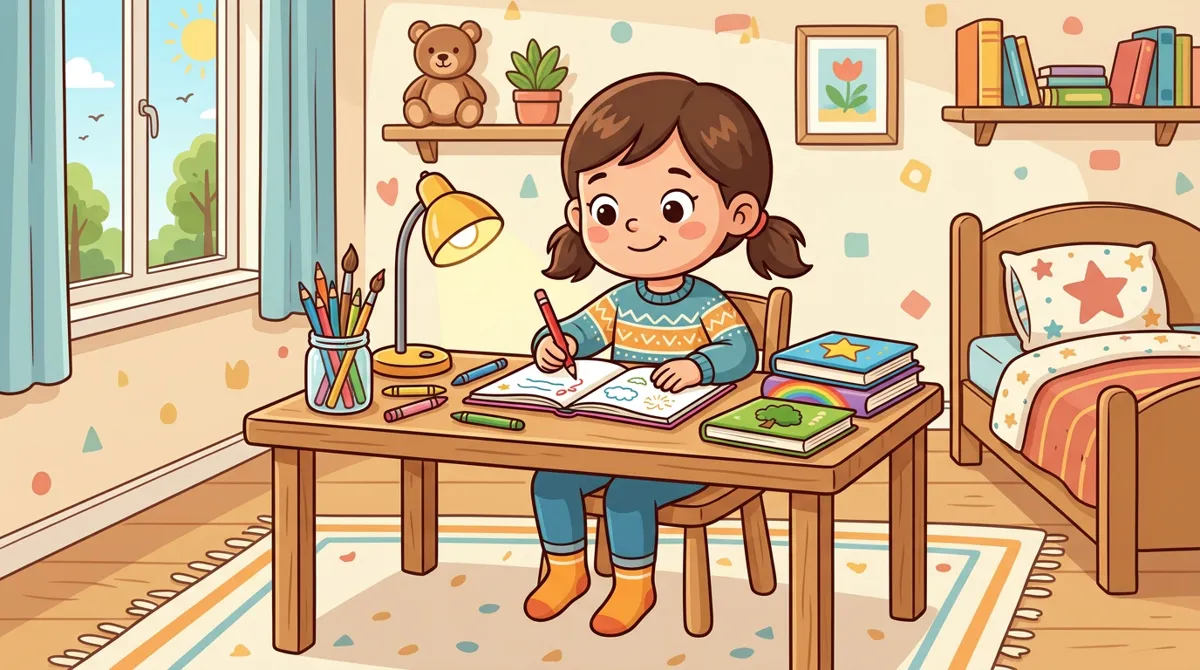 Menina fazendo lição em uma mesinha infantil de madeira com cadeira, lápis de cor, abajur e livros