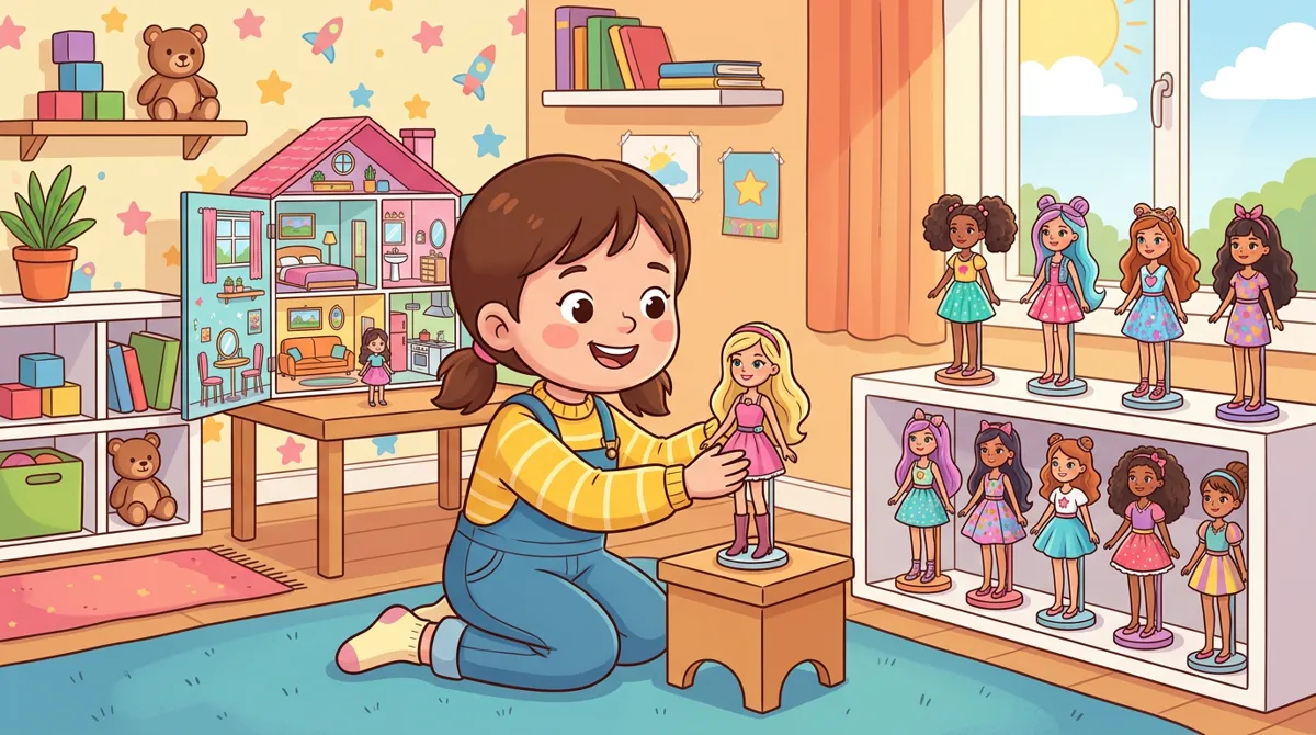 Menina posicionando uma boneca em um suporte ao lado de uma estante de coleção e de uma pequena casa de bonecas aberta Menina posicionando uma boneca em um suporte ao lado de uma estante de coleção e de uma pequena casa de bonecas aberta