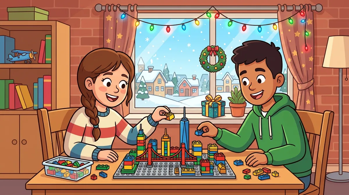 Dois adolescentes montando uma maquete de skyline de blocos em uma escrivaninha, com luzes de Natal na janela