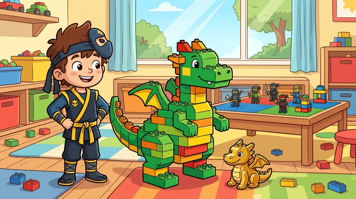 Menino vestido de ninja ao lado de um grande dragão verde de blocos de montar, com um dragão bebê dourado no chão e minifiguras de ninja sobre a mesa