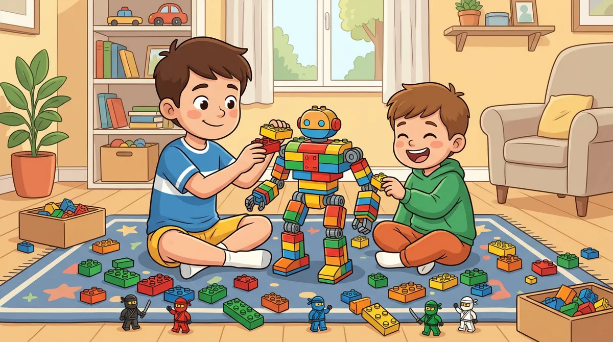 Dois irmãos montando juntos um meca de blocos coloridos no tapete da sala, com peças soltas e pequenos ninjas ao redor