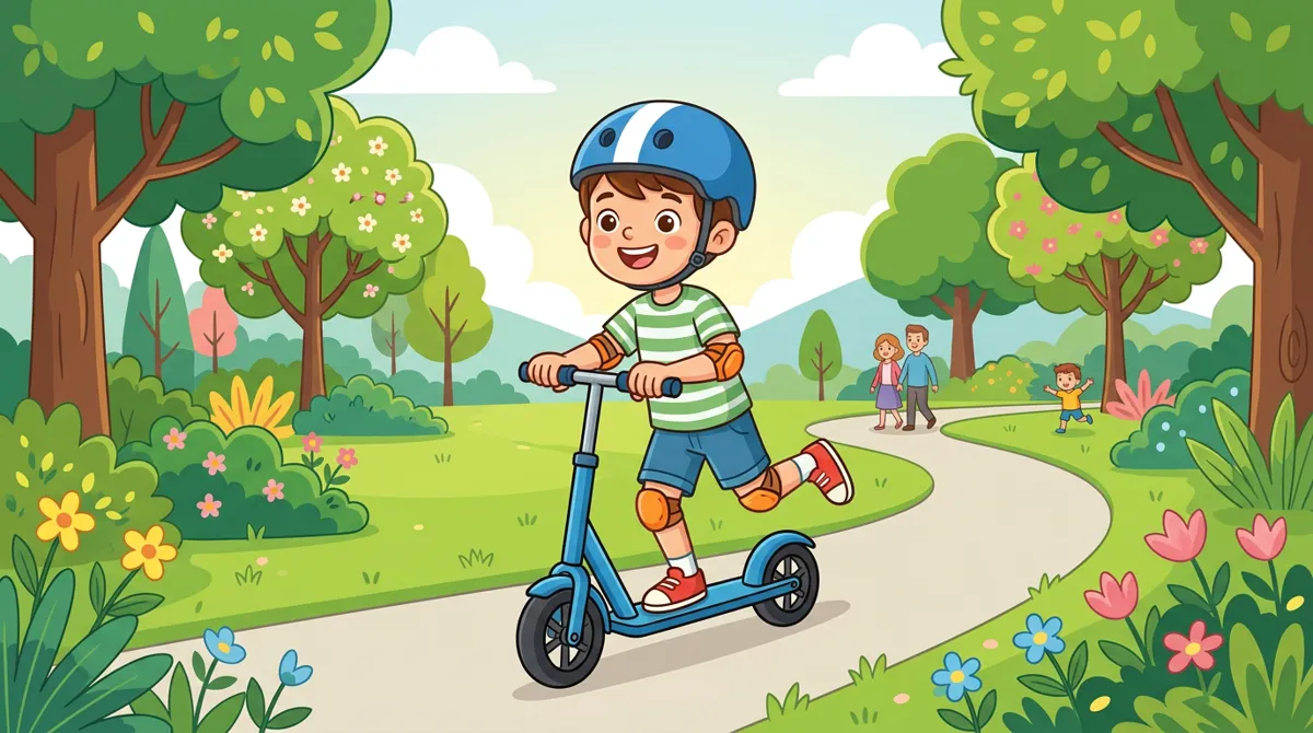 Menino de 9 anos andando de patinete de rodas grandes em um parque, com capacete e cotoveleiras