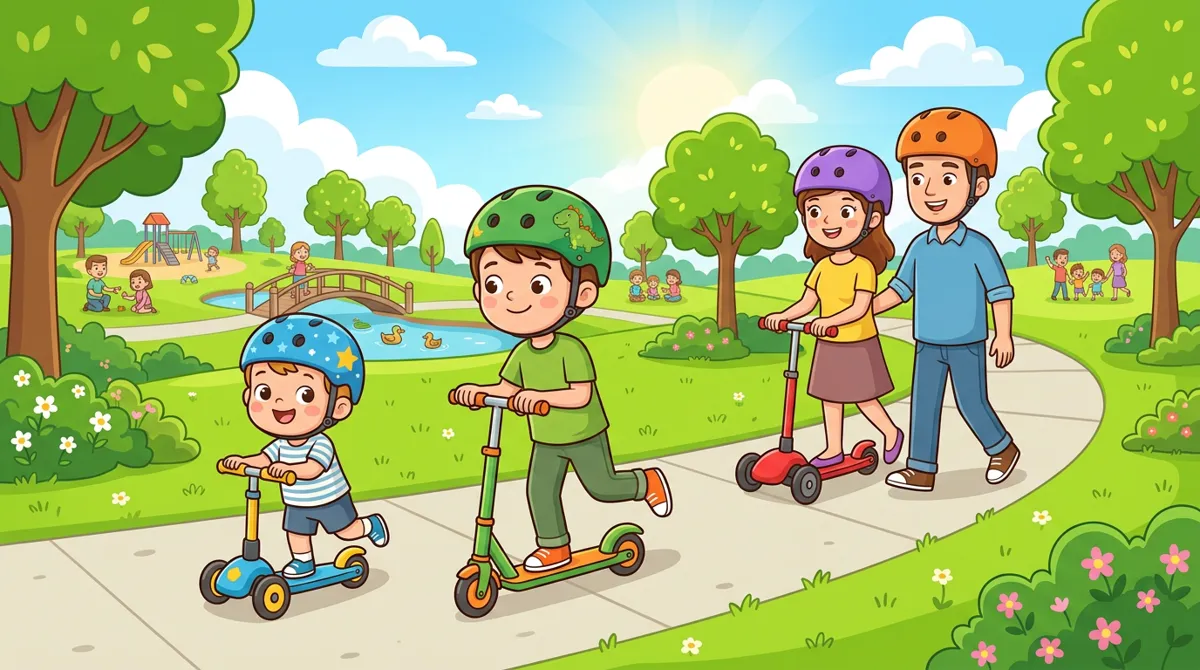 Família em um parque com um bebê em patinete de 3 rodas e crianças maiores em patinetes de 2 rodas, todos de capacete