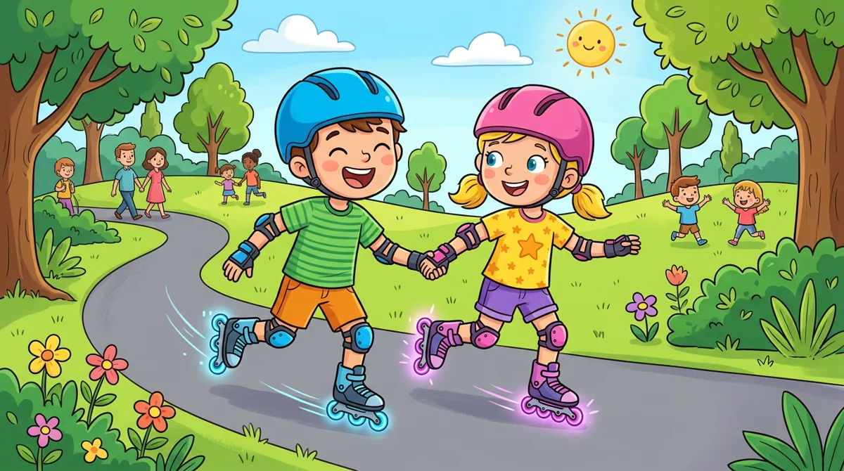 Menino e menina patinando juntos em um parque com patins inline de rodas iluminadas e equipamento completo