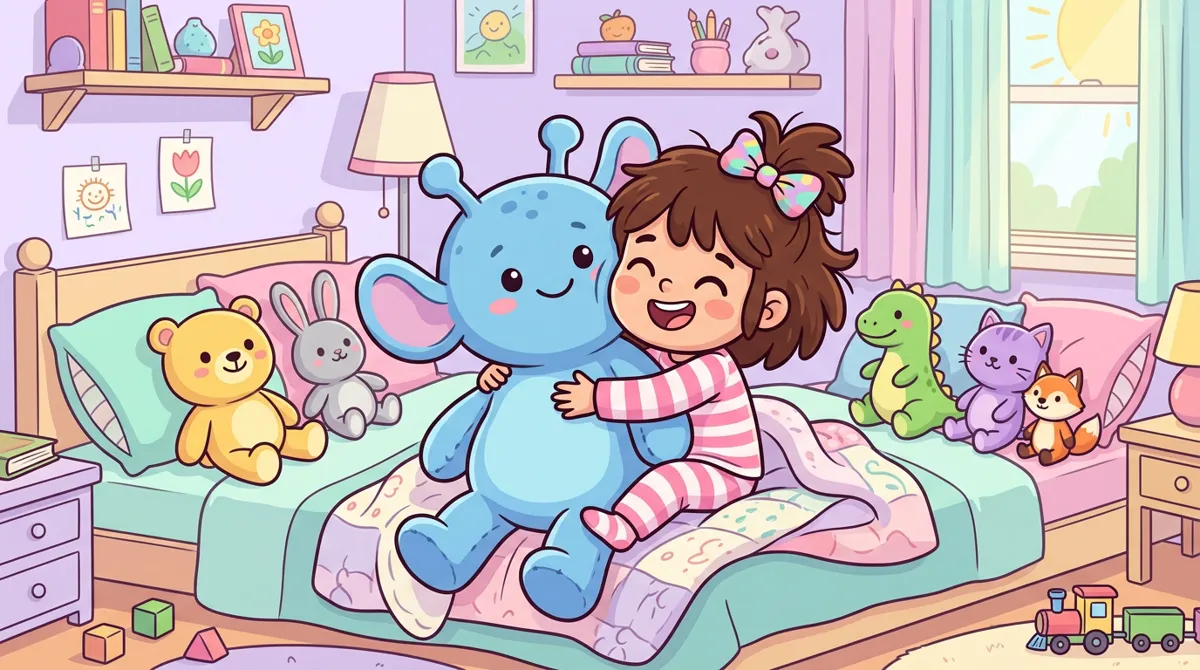 Menina abraçando uma grande pelúcia azul de alienígena de orelhas grandes em sua cama, entre outras pelúcias