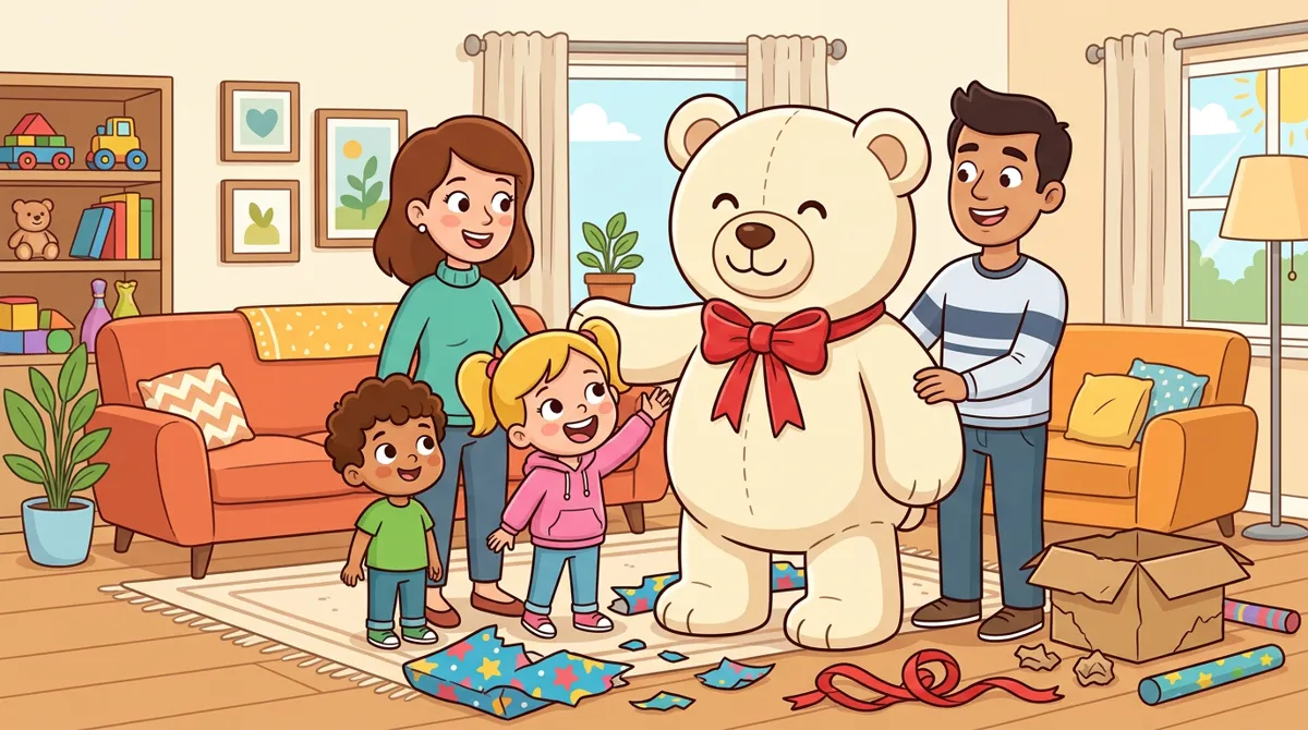 Família na sala admirando um urso de pelúcia gigante, mais alto que a criança, com laço vermelho e papel de presente