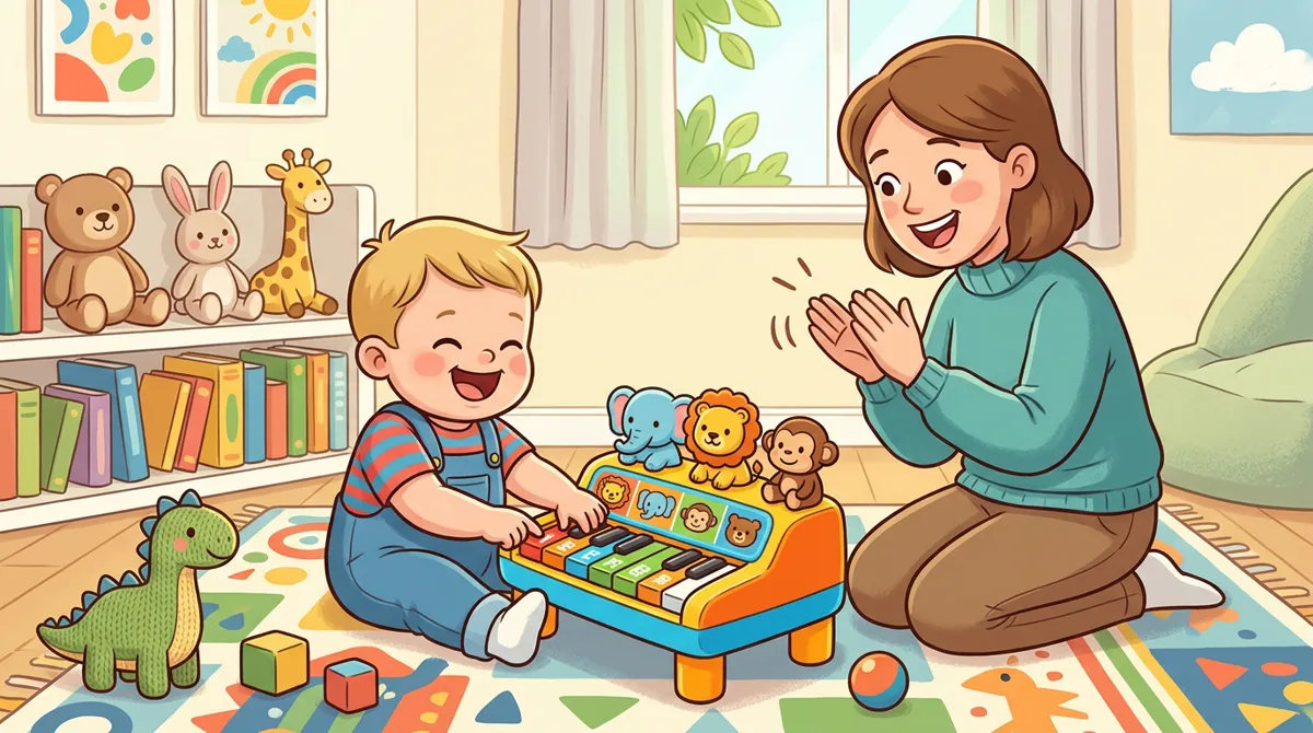 Criança pequena tocando um pianinho colorido de brinquedo com animais enquanto a mãe bate palmas