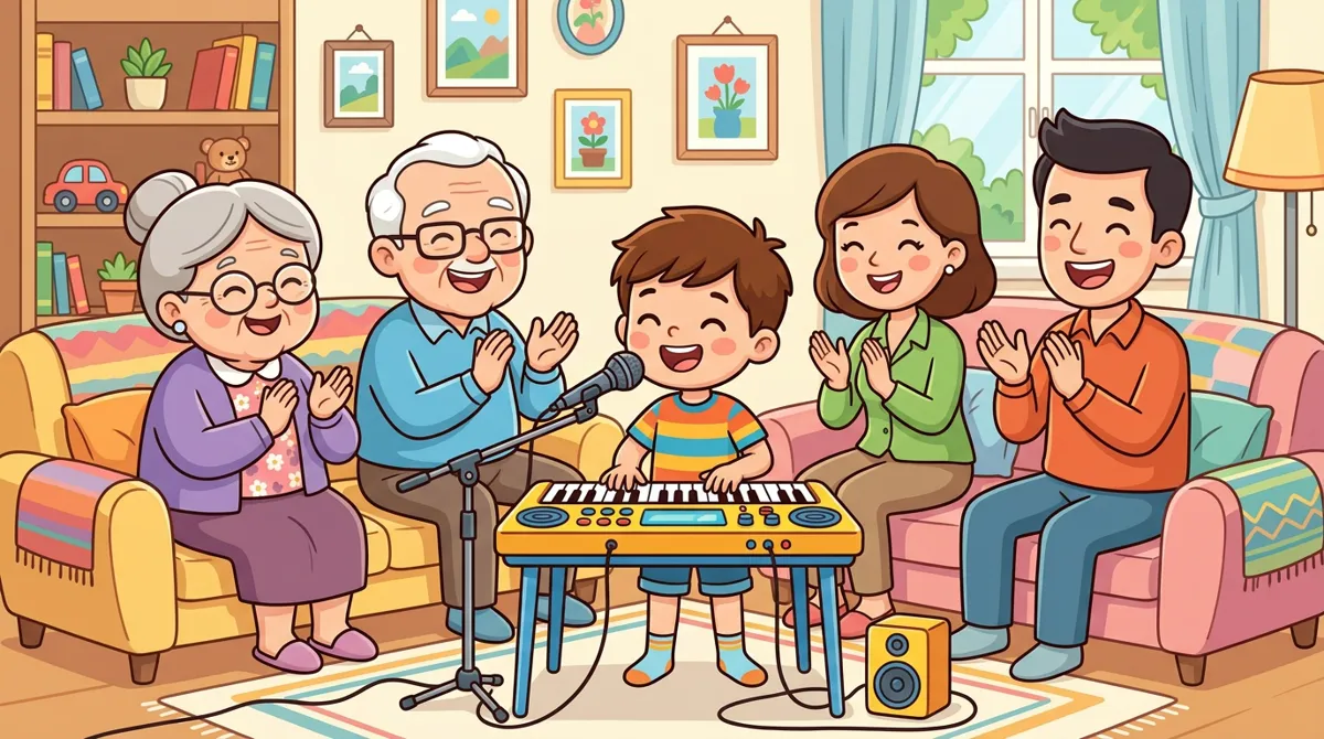 Menino de 5 anos tocando um teclado com microfone como em um show, com pais e avós aplaudindo na sala