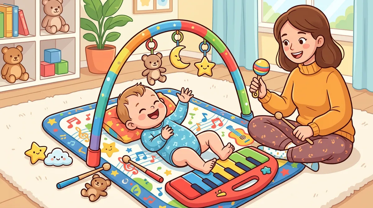 Bebê deitado em um tapete musical com teclado de piano e baquetas, com a mãe sentada ao lado