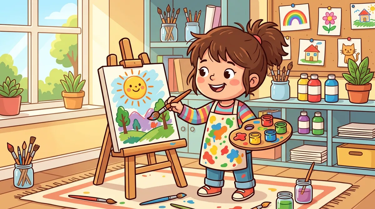 Menina pintando um quadro em um cavalete pequeno de madeira com pincel e paleta de tintas coloridas, de avental manchado de tinta Menina pintando um quadro em um cavalete pequeno de madeira com pincel e paleta de tintas coloridas, de avental manchado de tinta