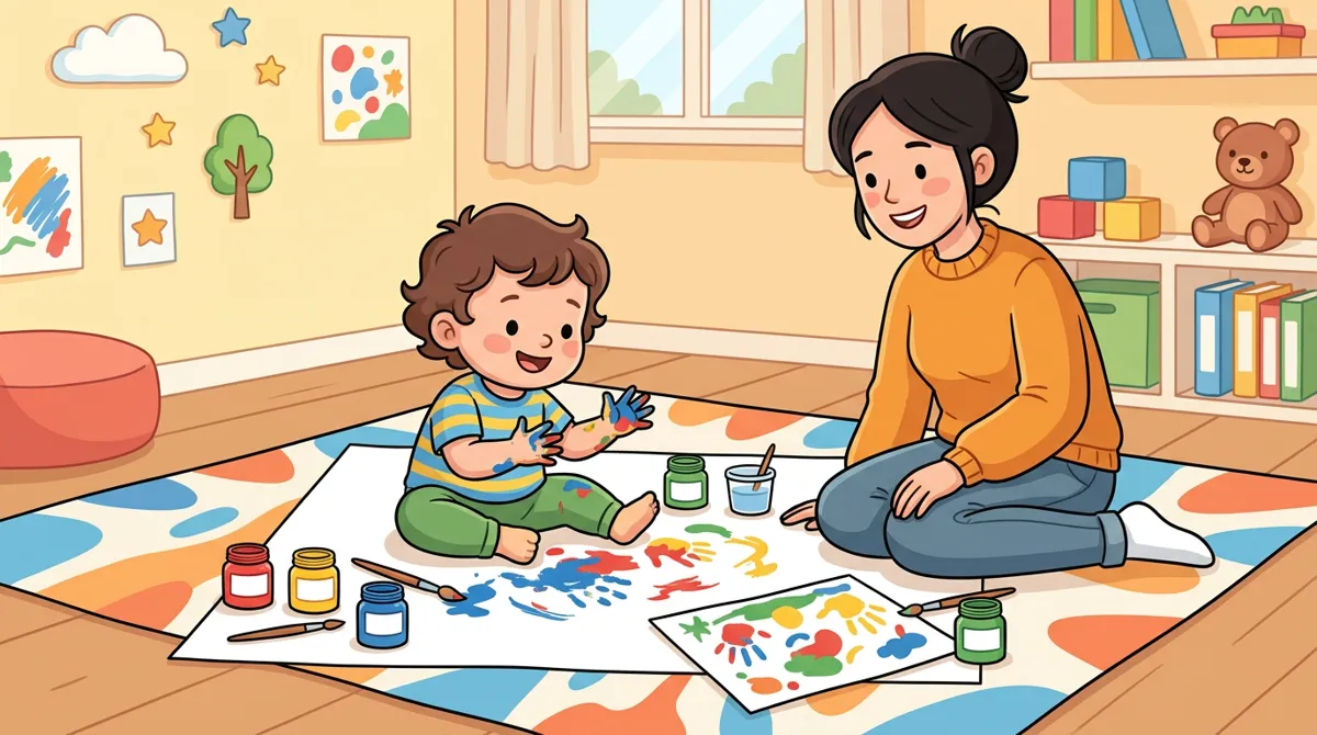 Criança pequena sentada em um tapete pintando com as mãos em folhas grandes de papel, com tintas coloridas, e o pai ao lado Criança pequena sentada em um tapete pintando com as mãos em folhas grandes de papel, com tintas coloridas, e o pai ao lado