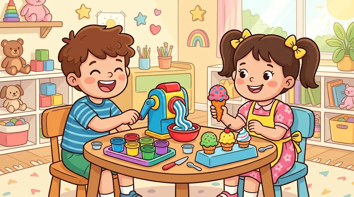 Duas crianças brincando de sorveteria com massinha colorida, uma manivela de sorvete e casquinhas sobre a mesa