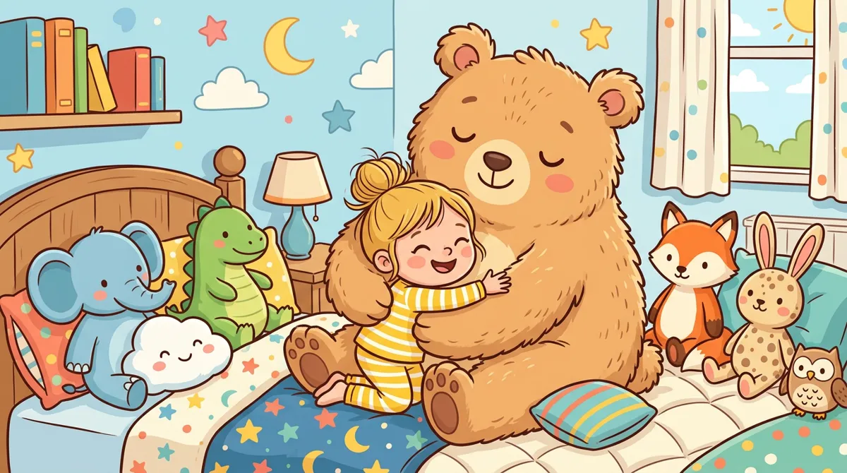 Criança abraçada a uma grande pelúcia de urso sonolento na cama, cercada de outras pelúcias