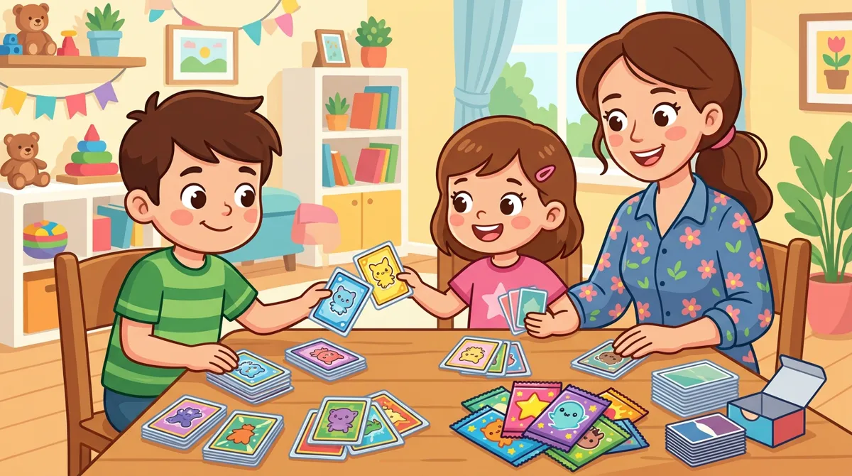 Duas crianças e a mãe trocando cartas colecionáveis em uma mesa, com envelopes de cartas
