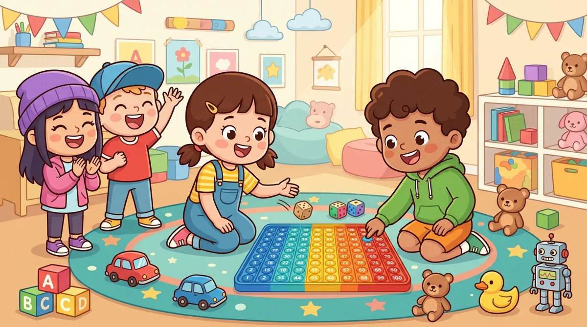 Crianças jogando em um grande tabuleiro de pop it com dados, com amigos torcendo