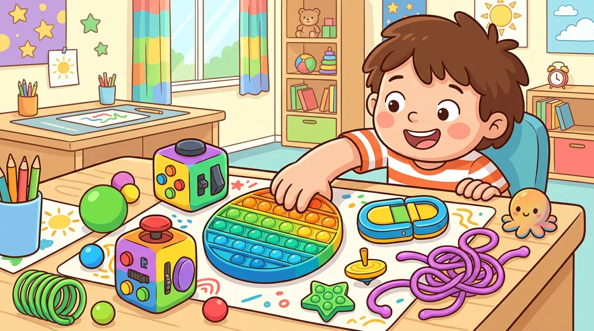 Mesa com vários fidget toys coloridos, como pop it, cubo, slider magnético e brinquedos de esticar