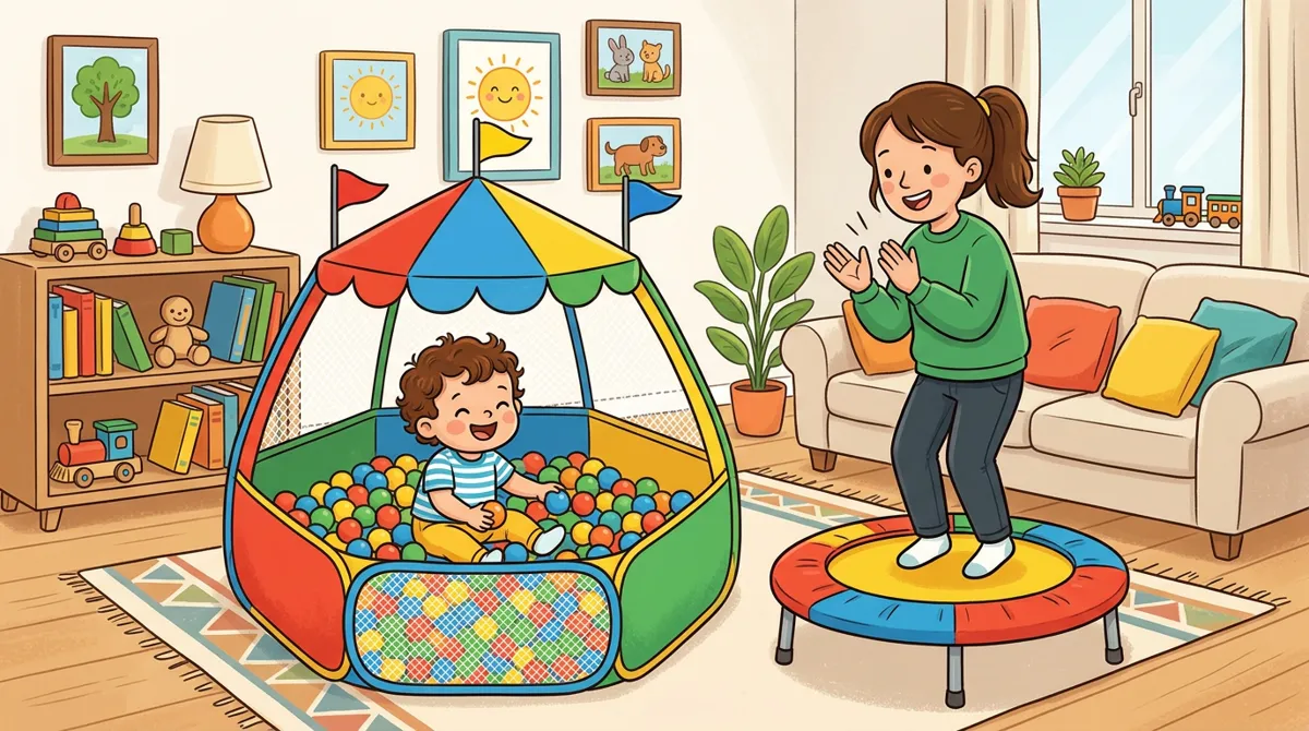 Bebê em uma piscina de bolinhas na sala, ao lado de uma pequena cama elástica colorida e da mãe batendo palmas