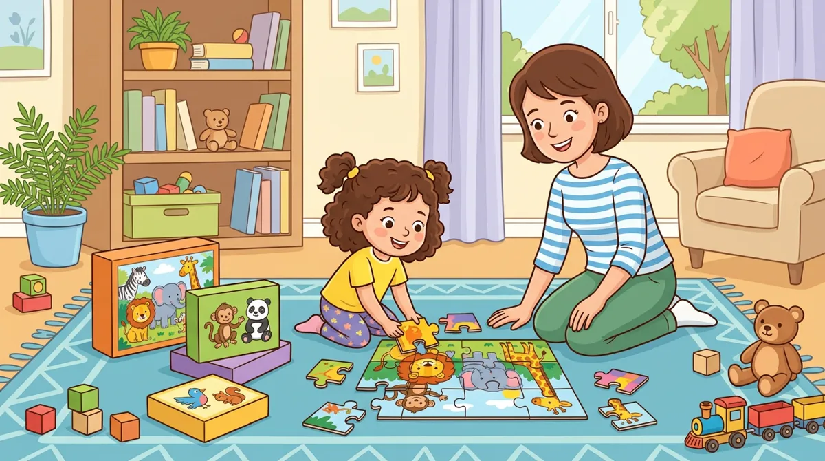 Menina e a mãe no tapete montando um quebra-cabeça progressivo de animais, com caixas de vários tamanhos ao lado