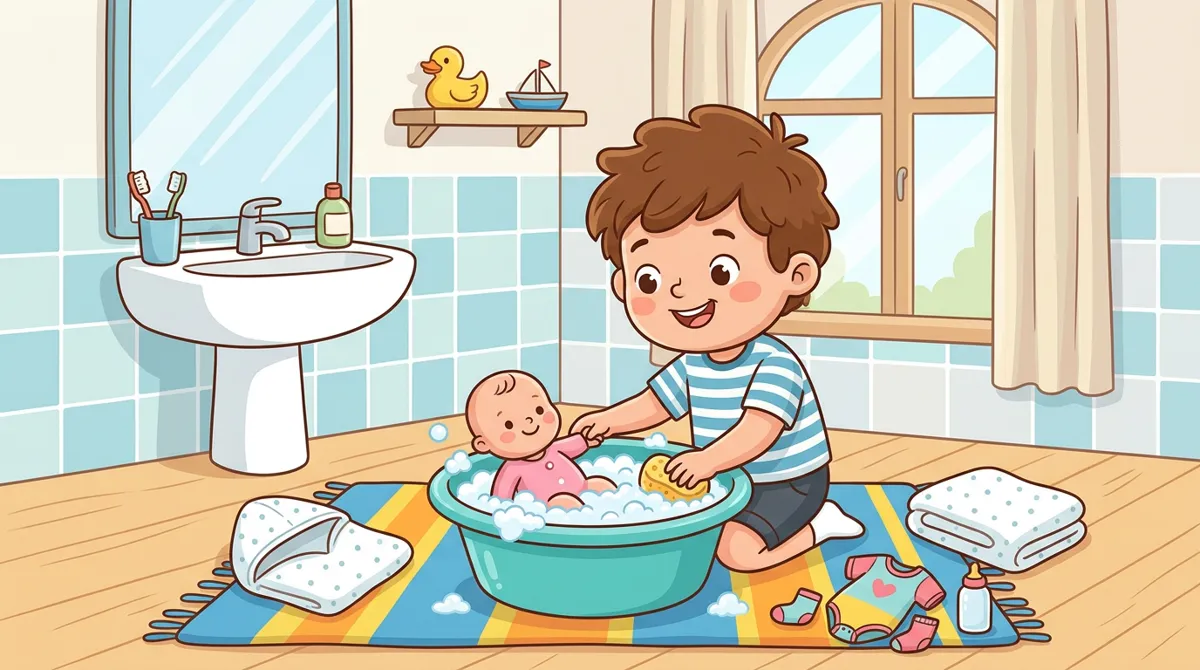 Menino dando banho em um bebê reborn em uma bacia com espuma, com toalhas e roupinhas ao lado