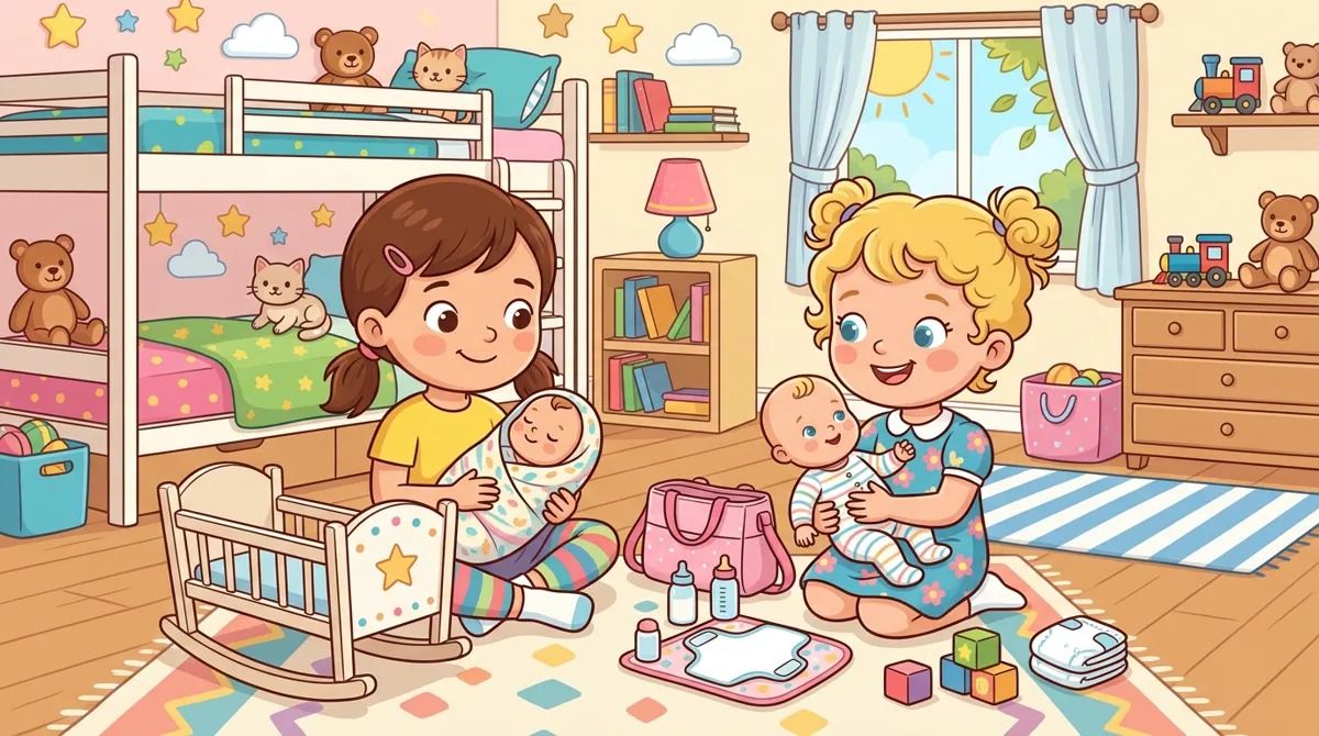 Duas crianças no quarto, uma ninando um bebê reborn e a outra segurando uma segunda boneca, com um berço e fraldas no chão