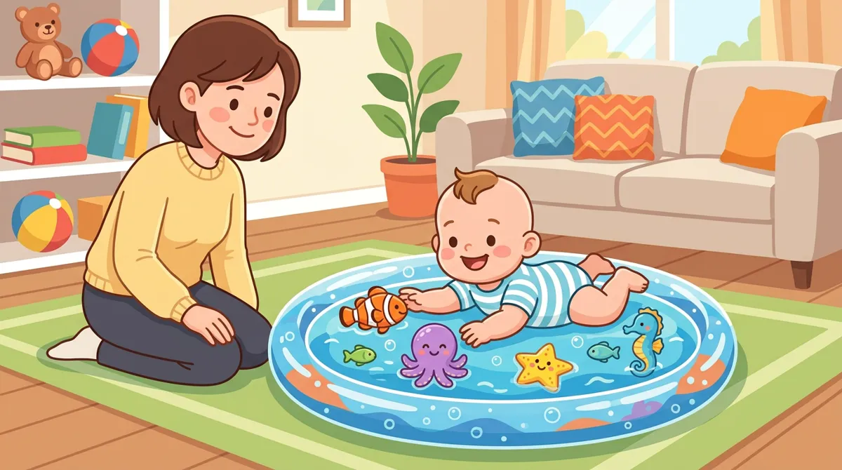 Bebê de bruços sobre um tapete inflável de água com criaturas marinhas, com a mãe acompanhando de perto