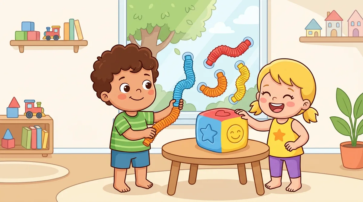 Duas crianças brincando com tubos flexíveis com ventosas fixados na janela e um cubo squishy sobre a mesa