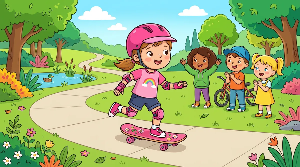 Menina de capacete rosa e proteções andando de skate em um parque, com amigos assistindo