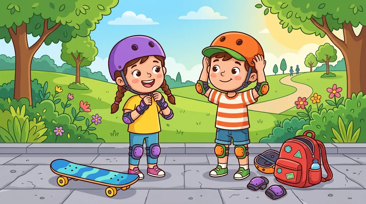 Menino e menina colocando capacete e proteções ao lado de um skate e uma mochila na calçada antes de andar
