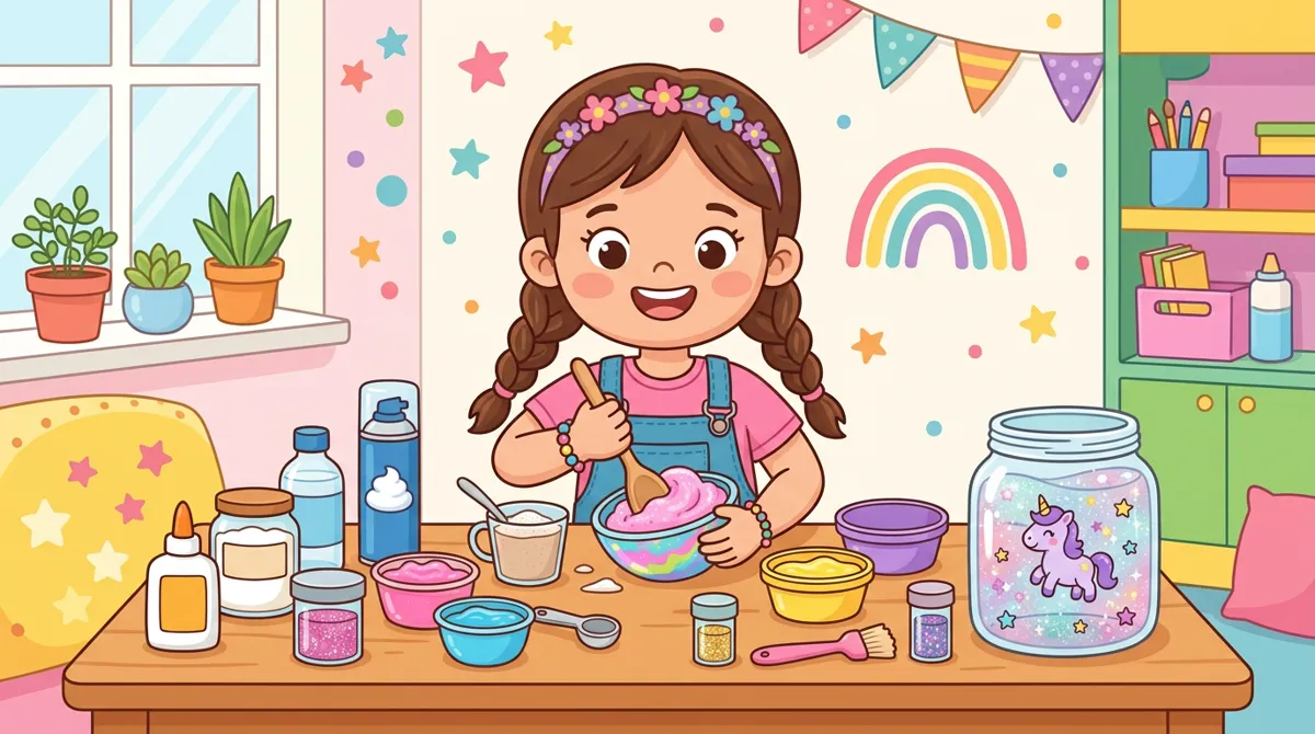 Menina misturando ingredientes para fazer o próprio slime fofinho, com um slime transparente com charm de unicórnio ao lado