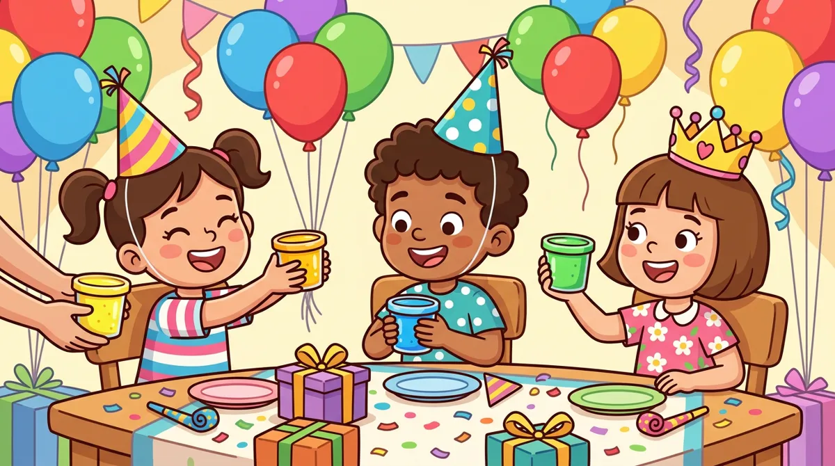 Três crianças em uma festa de aniversário recebendo potinhos de slime como lembrancinha