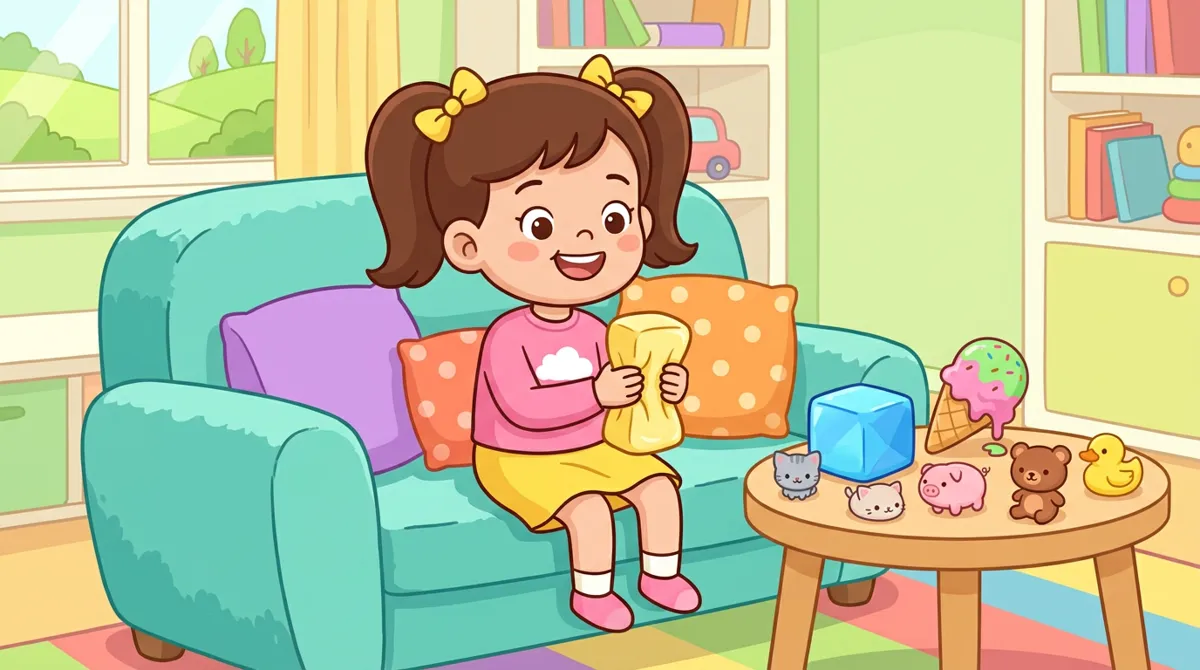 Menina no sofá apertando um squishy em forma de barra de manteiga, com cubo, sorvete e bichinhos squishy na mesa