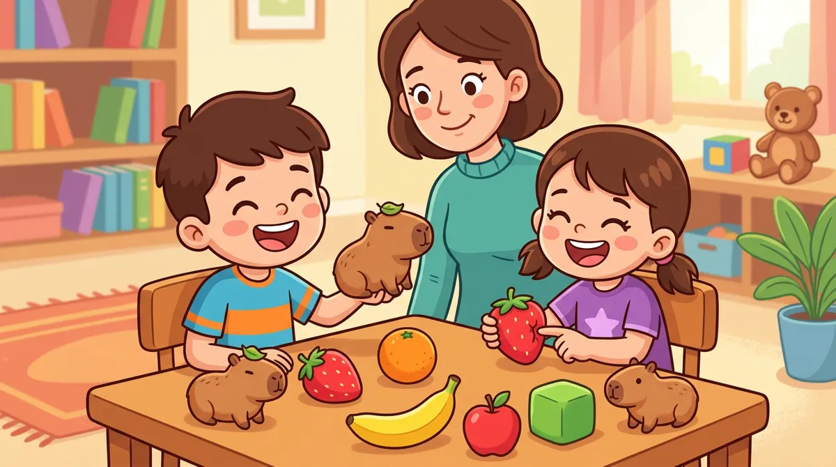 Duas crianças comparando squishies de capivara, frutas e cubo, com a mãe ao lado