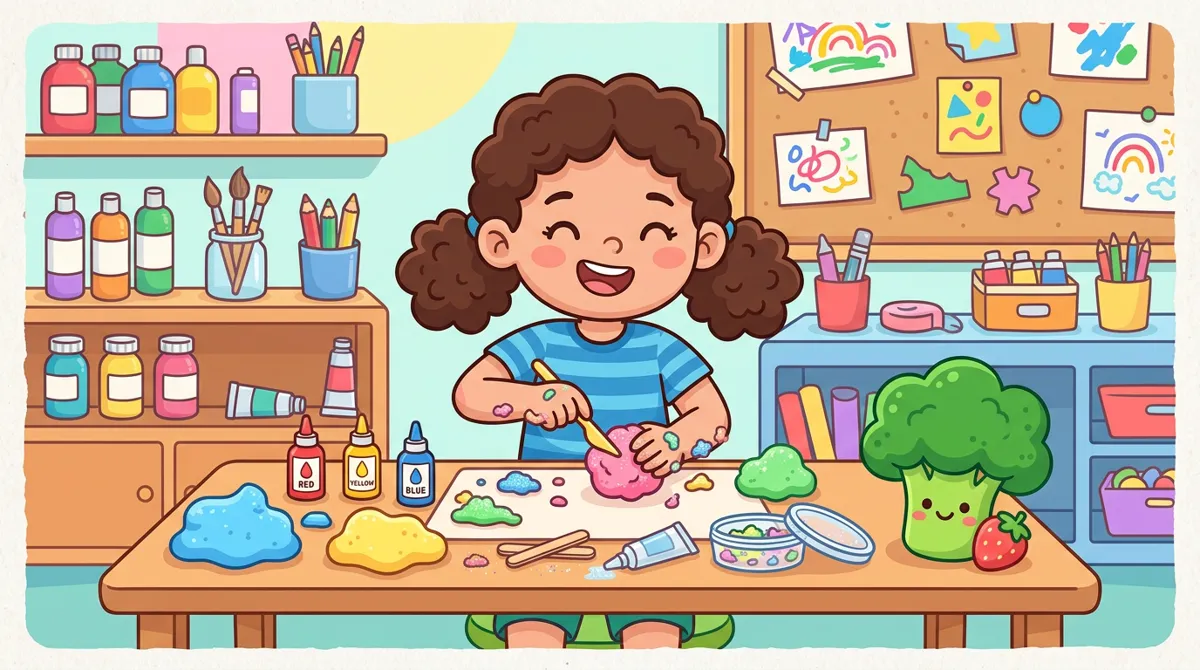 Criança em uma mesa de artesanato criando o próprio squishy com materiais coloridos