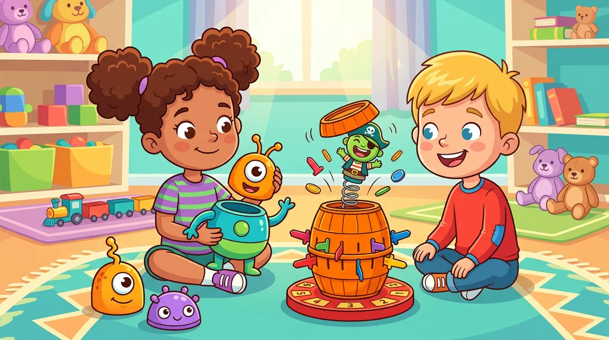 Duas crianças brincando no tapete com um boneco alienígena de cabeças trocáveis e um jogo de barril