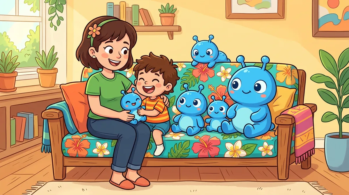 Mãe e filho no sofá com pelúcias azuis de tamanhos diferentes e almofada de flores tropicais