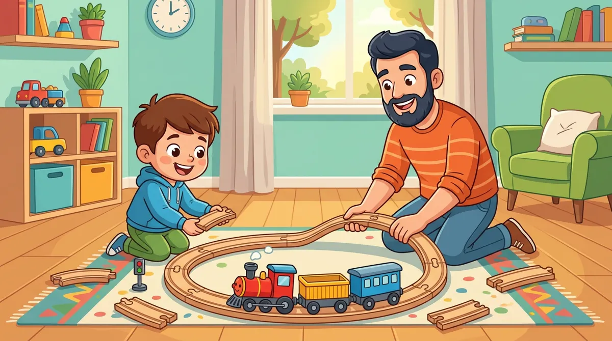 Pai e filho montando um circuito ferroviário de brinquedo com locomotiva e vagões no chão da sala
