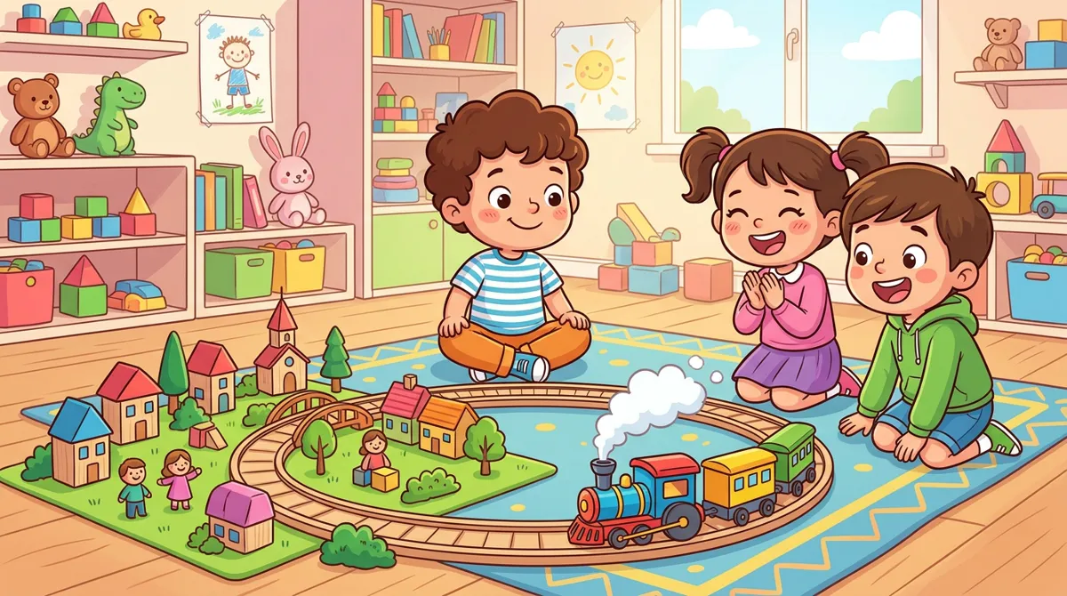 Menino observando um trem de brinquedo com fumaça branca em uma pista circular, com dois amigos e uma vila de brinquedo ao lado