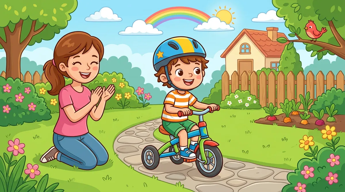 Menino de capacete andando em um triciclo que vira bicicleta de equilíbrio no quintal, com a mãe aplaudindo