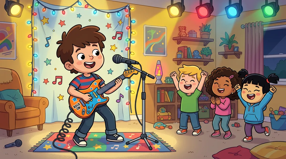 Menino tocando uma guitarra de brinquedo com microfone em um palco improvisado na sala, com amigos aplaudindo