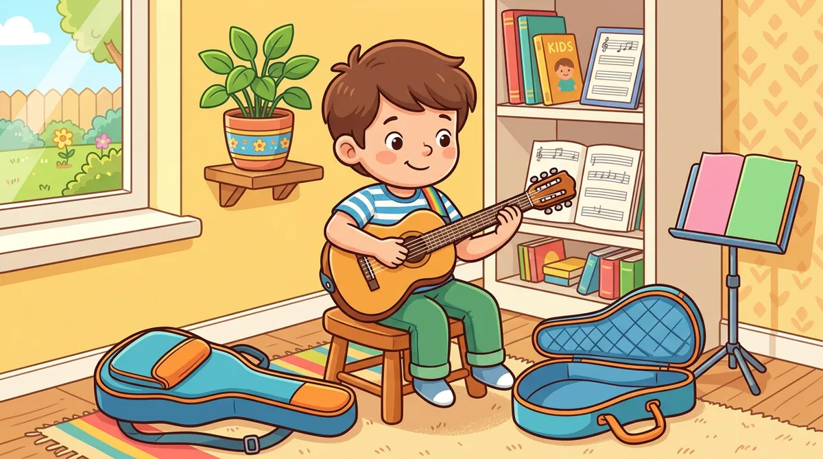 Menino praticando em um violão pequeno em um banquinho, com uma bolsa de transporte ao lado em um cantinho de música